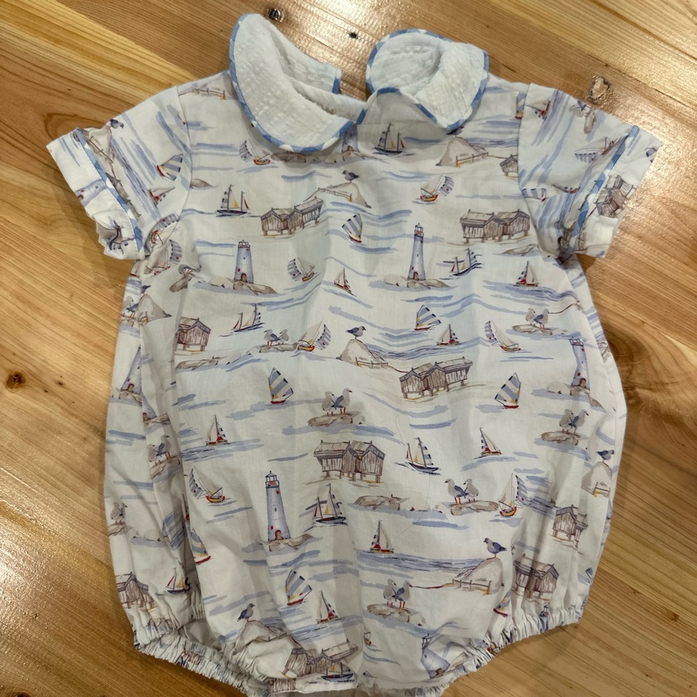 Nautical Baby Bubble Romper in Light Blue & White